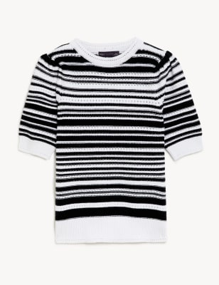 Crew Neck Roll-Up Short-Sleeve Striped Knit Top