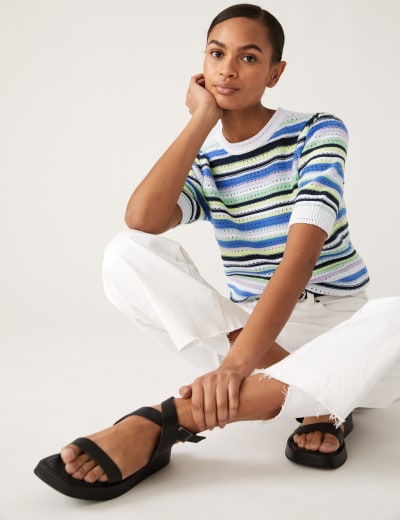 Cotton Rich Striped Crew Neck Knitted Top