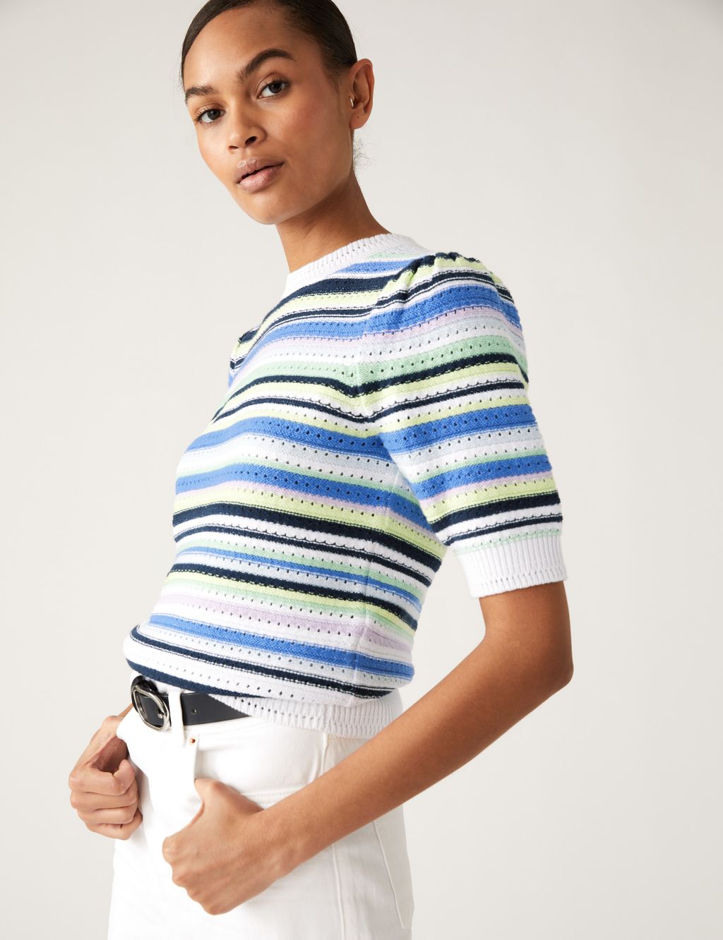 Cotton Rich Striped Crew Neck Knitted Top image 2