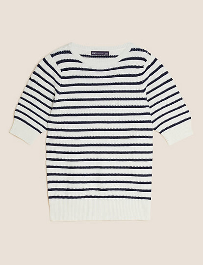 Cotton Rich Striped Puff Sleeve Knitted Top