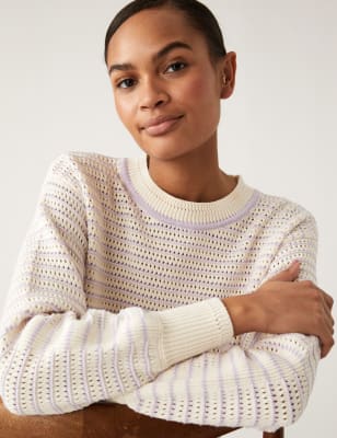 

Womens M&S Collection Bequemer Pullover mit hohem Baumwollanteil und Streifenmuster - Lilac Mix, Lilac Mix
