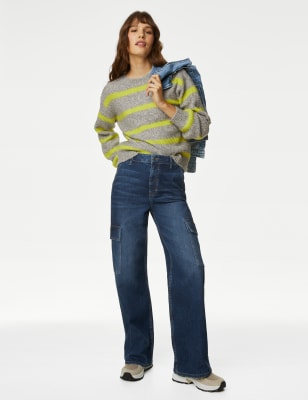 

Womens M&S Collection Gestreifter Pullover aus recyceltem Mischmaterial mit Rundhalsausschnitt - Lime Mix, Lime Mix