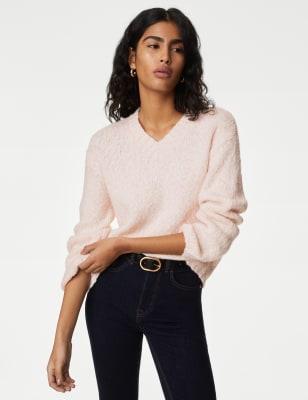 Textured V-Neck Jumper with Wool