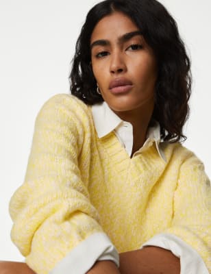 

Womens M&S Collection Textured V-Neck Jumper with Wool - Yellow Mix, Yellow Mix