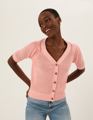 Cotton Rich V Neck Short Sleeve Cardigan