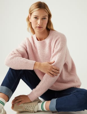 

Womens M&S Collection Textured Ribbed Relaxed Jumper with Wool - Pink Shell, Pink Shell