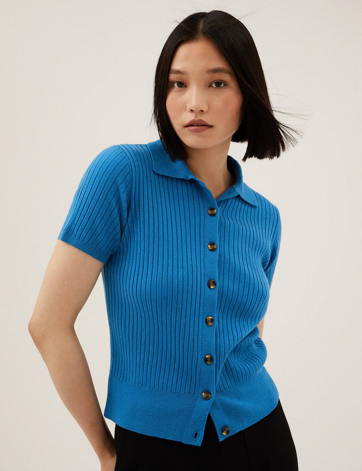 Ribbed Collared Button Through Knitted Top