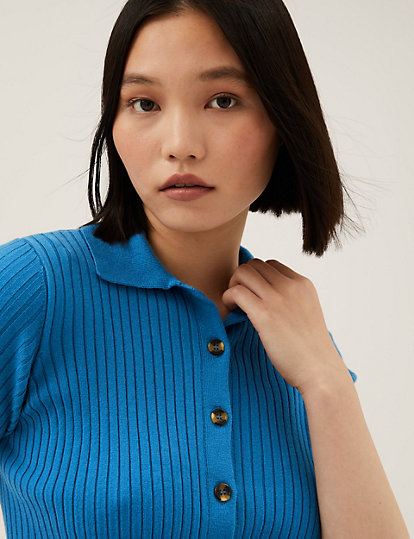 Ribbed Collared Button Through Knitted Top