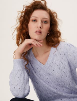 

Womens M&S Collection Bequemer Pullover mit V-Ausschnitt und Strukturmuster - Pale Lilac, Pale Lilac