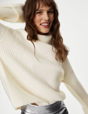 White ribbed cheap roll neck jumper