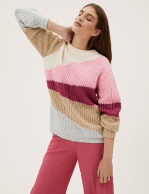 

Womens M&S Collection Pullover mit Streifen- und Rippenmuster, Rundhalsausschnitt und Wollanteil - Petal Pink, Petal Pink