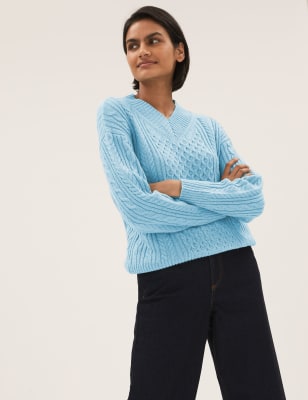 

M&S Collection Jersey de algodón de punto trenzado de escote en picoWomens - Pale Aqua, Pale Aqua