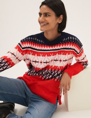 

Womens M&S Collection Fair Isle Crew Neck Relaxed Jumper - Red Mix, Red Mix