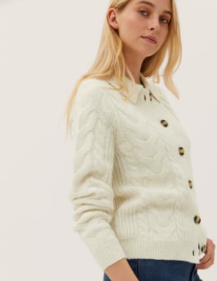 

Womens M&S Collection Cable Knit Collared Relaxed Cardigan - Light Cream, Light Cream