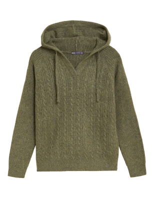 

Womens M&S Collection Cable Knit V-Neck Hoodie - Dark Khaki, Dark Khaki
