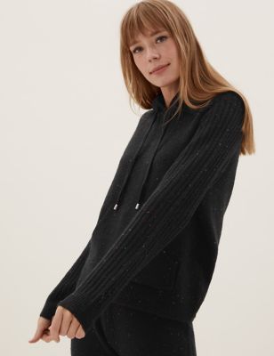

Womens M&S Collection Textured Knitted Rib Sleeve Relaxed Hoodie - Black Mix, Black Mix