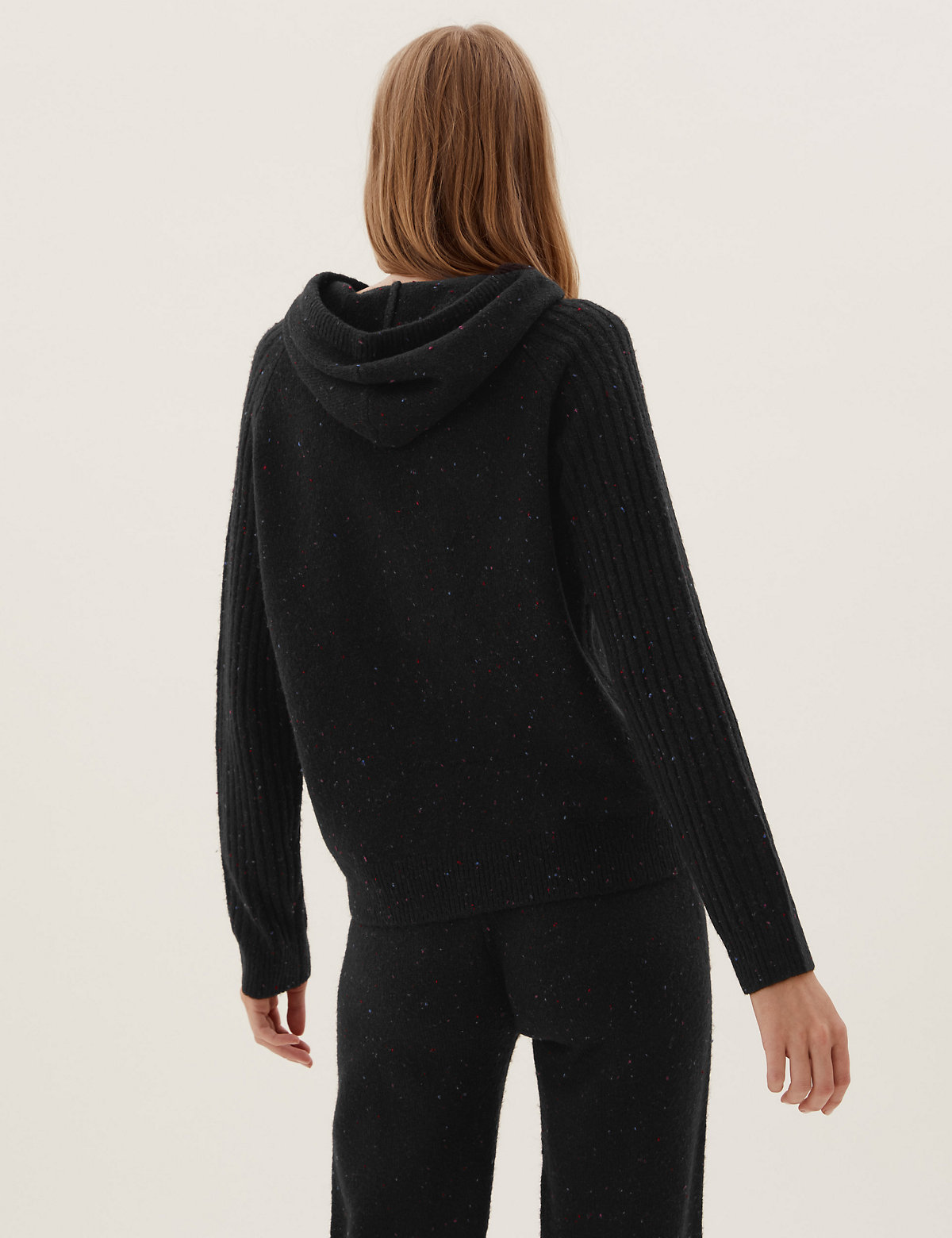 Textured Knitted Rib Sleeve Relaxed Hoodie
