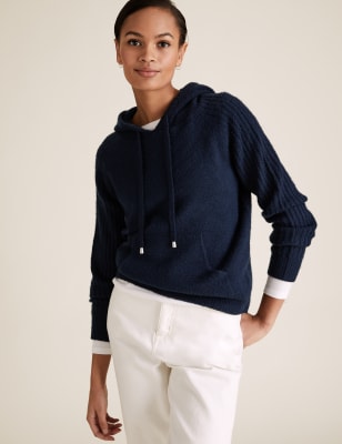 

Womens M&S Collection Knitted Rib Sleeve Relaxed Hoodie - Navy, Navy