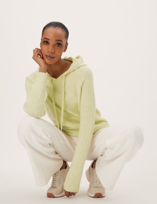 

Womens M&S Collection Bequemer Strick-Hoodie mit gerippten Ärmeln - Vanilla, Vanilla