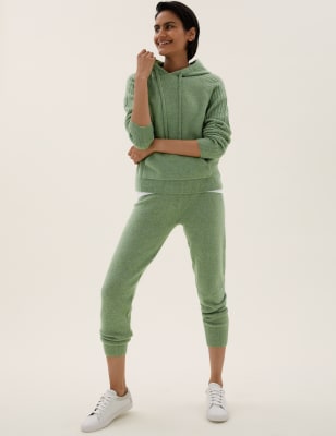 

Womens M&S Collection Knitted Rib Sleeve Relaxed Hoodie - Moss Green, Moss Green