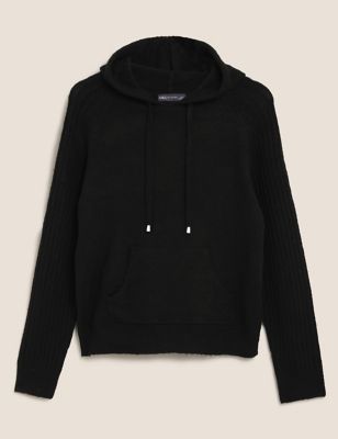 

Womens M&S Collection Knitted Rib Sleeve Relaxed Hoodie - Black, Black
