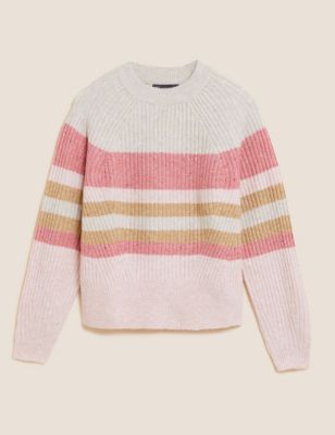 M&S Womens Striped Ribbed Crew Neck Relaxed Jumper
