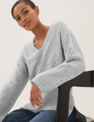 

Womens M&S Collection Bequemer Pullover mit V-Ausschnitt und Strukturmuster - Grey Marl, Grey Marl