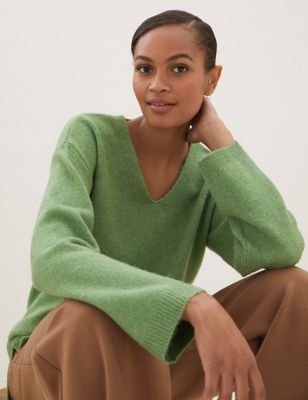 

Womens M&S Collection V-Neck Relaxed Longline Jumper - Green, Green