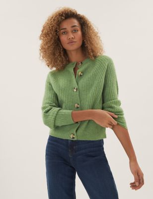 

Womens M&S Collection Ribbed Crew Neck Button Front Cardigan - Green, Green