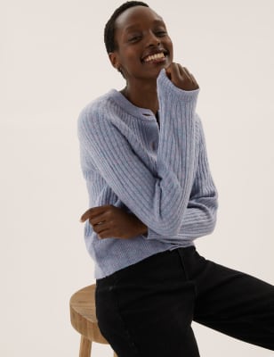 

Womens M&S Collection Gerippte Strickjacke mit Rundhalsausschnitt und Knopfleiste vorne - Hyacinth, Hyacinth