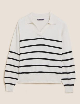 M&S Womens Striped Polo Neck Relaxed Jumper