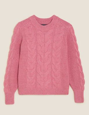 M&S Womens Cable Knit Crew Neck Jumper with Wool
