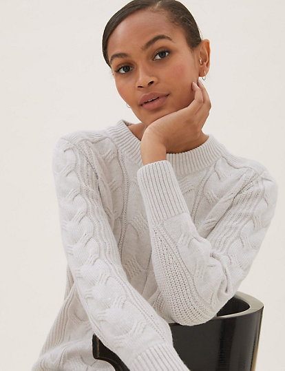 Cable Knit Crew Neck Jumper with Wool