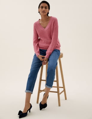 

Womens M&S Collection Textured V-Neck Jumper with Wool - Dusky Rose, Dusky Rose