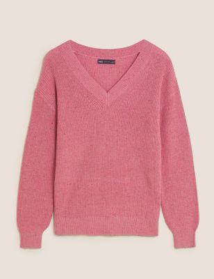 M&S Womens Textured V-Neck Jumper with Wool
