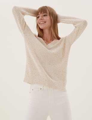 

Womens M&S Collection Textured V-Neck Jumper with Wool - Oatmeal, Oatmeal