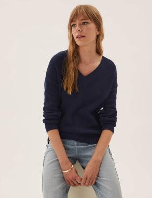 

Womens M&S Collection Ribbed V-Neck Jumper with Wool - Navy, Navy