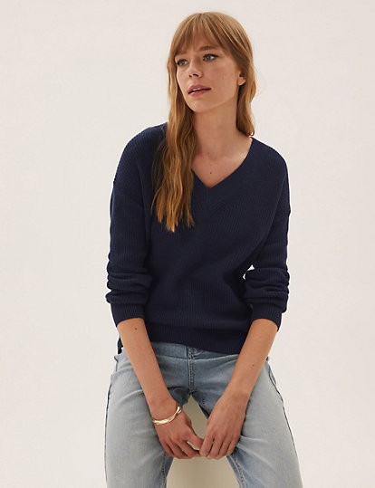 Ribbed V-Neck Jumper with Wool