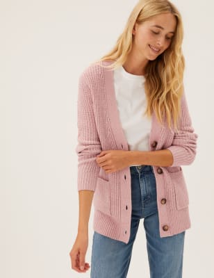 

Womens M&S Collection Lang geschnittene Strickjacke mit Rippenmuster und hohem Baumwollanteil - Dusky Rose, Dusky Rose