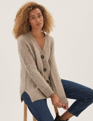 

Womens M&S Collection Strickjacke mit Zopfmuster, V-Ausschnitt und Wollanteil - Fawn, Fawn