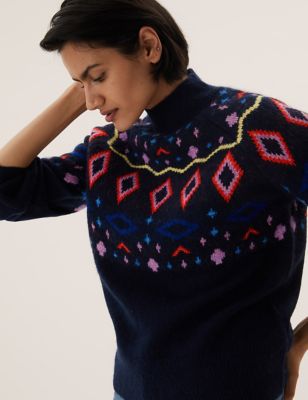 

Womens M&S Collection Fair Isle Funnel Neck Jumper with Wool - Navy Mix, Navy Mix