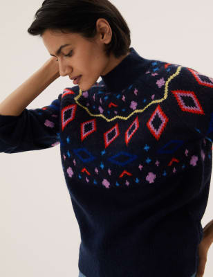 

Womens M&S Collection Pullover mit Norwegermuster, Stehkragen und Wollanteil - Navy Mix, Navy Mix