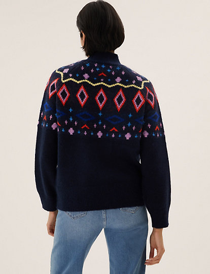 Fair Isle Funnel Neck Jumper with Wool