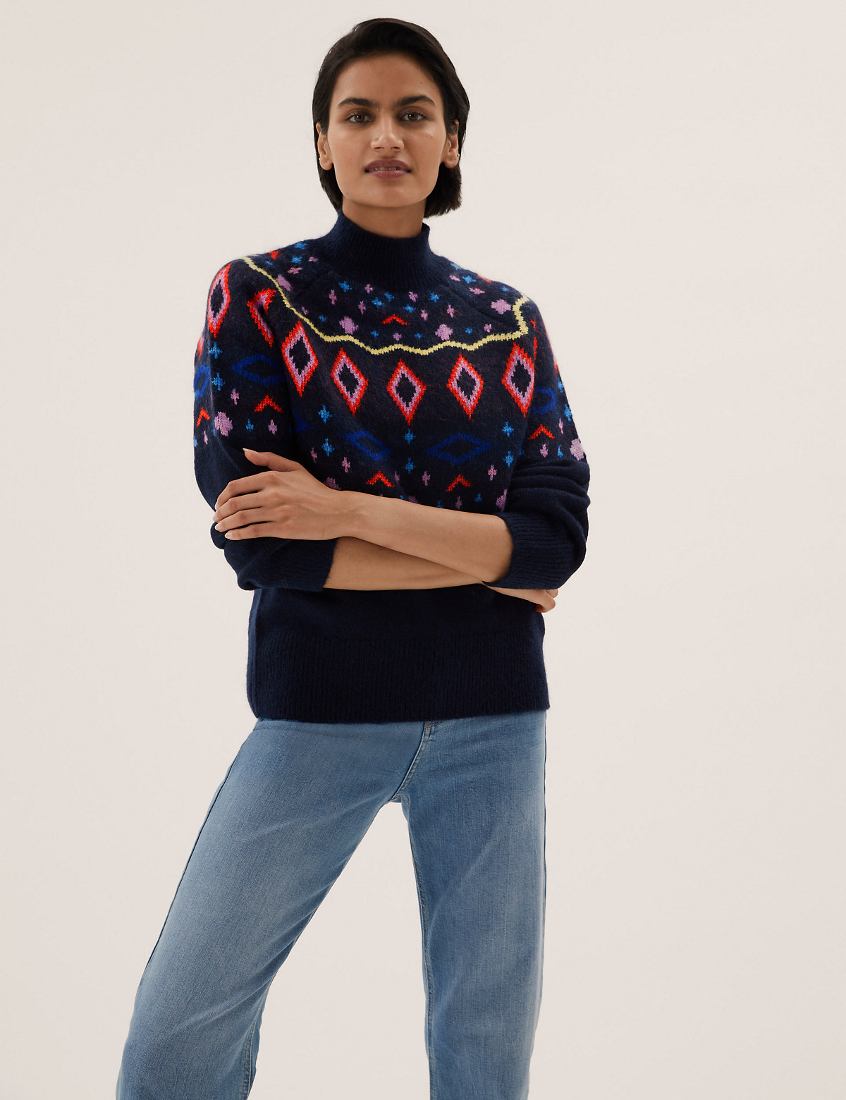 Fair Isle Funnel Neck Jumper with Wool