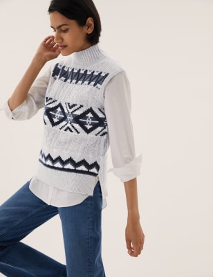 

Womens M&S Collection Fair Isle Roll Neck Knitted Vest - Grey Mix, Grey Mix