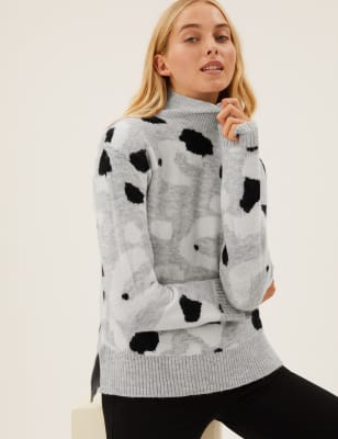 

Womens M&S Collection Animal Print Jacquard Funnel Neck Jumper - Light Grey Mix, Light Grey Mix