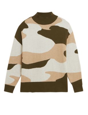 M&S Womens Soft Touch Camo Funnel Neck Jumper