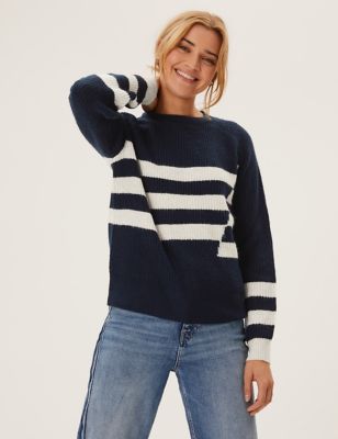 Marks And Spencer Womens M&S Collection Ribbed Striped Crew Neck Relaxed Jumper - Navy Mix