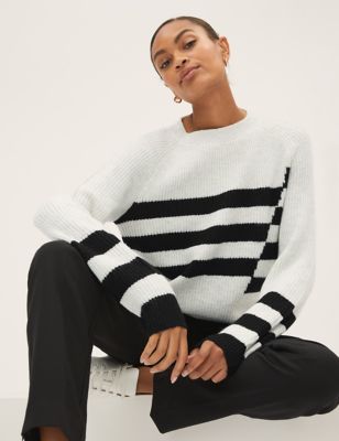 Marks And Spencer Womens M&S Collection Ribbed Striped Crew Neck Relaxed Jumper - Light Grey Mix