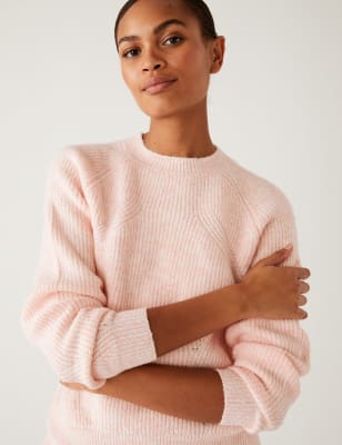 

Womens M&S Collection Bequemer Rippenpullover mit Rundhalsausschnitt - Light Pink, Light Pink